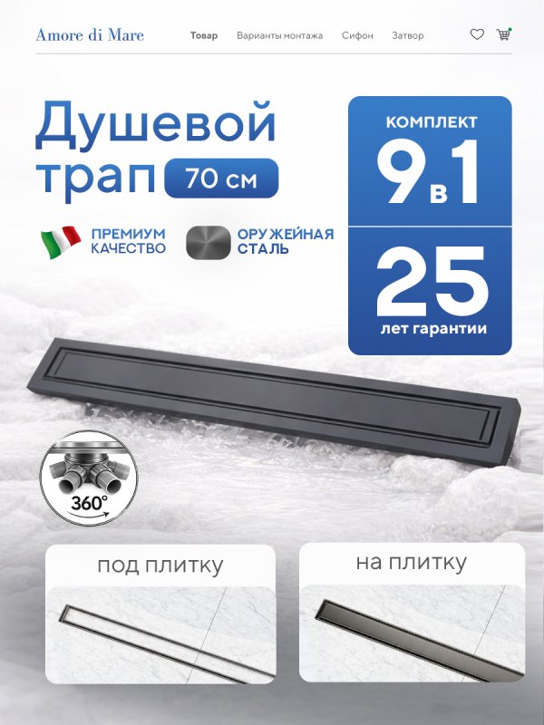 Душевой трап Amore di Mare Verso Gun Metal SD-70GM 	700мм*70мм  оружейная сталь